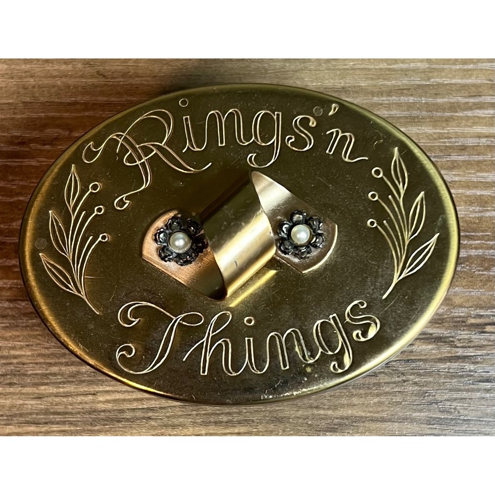 Vintage Gold Tone NYC Rings n Things Brass Trinket Box Red Velvet Lining Oval